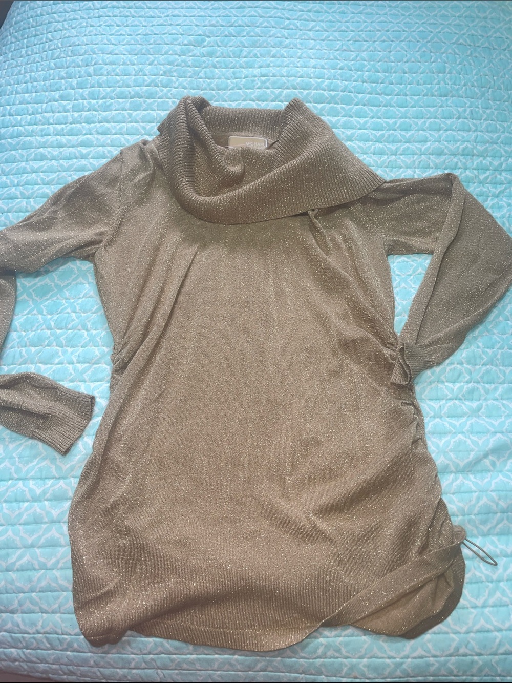 metallic gold sparkle, turtleneck, tunic length ruched sweater